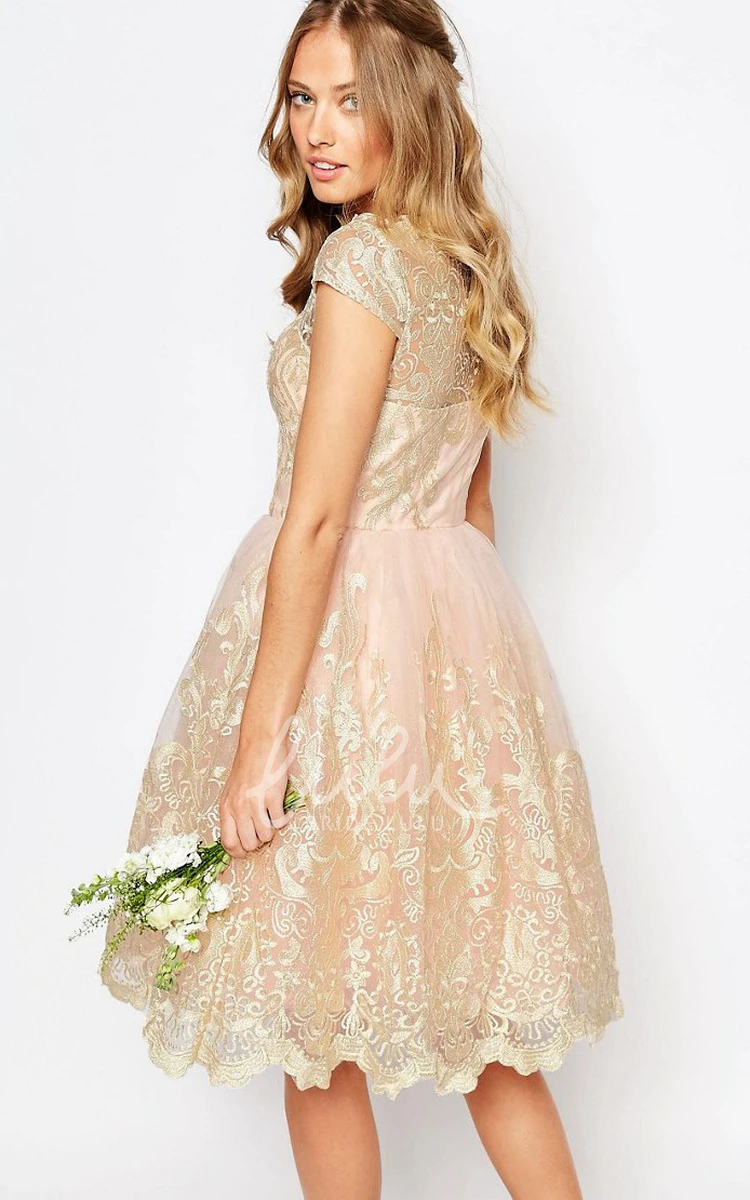 Midi Cap-Sleeve Lace Bridesmaid Dress with Appliques in A-Line Style