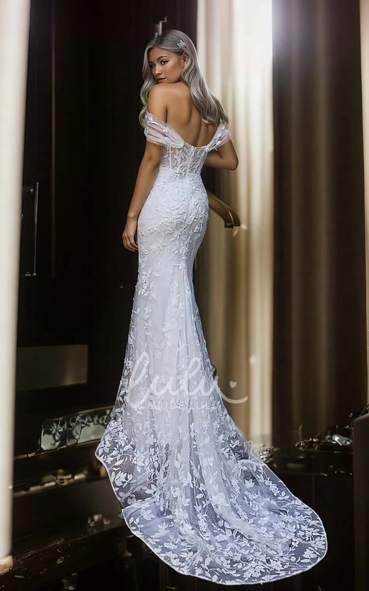 Romantic Sexy Tulle Lace Mermaid Off-the-shoulder Plunging Neckline Wedding Dress Floor-length Sleeveless Appliques Bridal Gown with Open Zipper Back Court Train