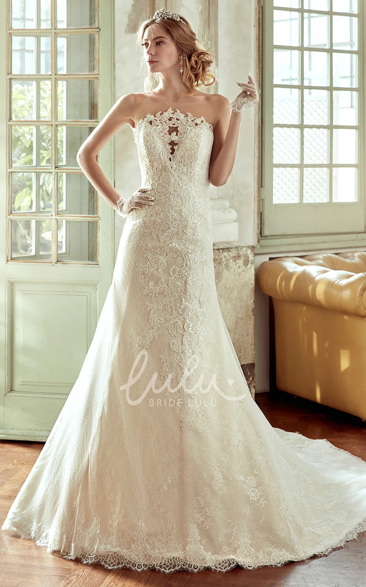 Strapless Lace Wedding Dress with Appliqued Bust and Brush Train Unique Bridal Dress Flowy Women