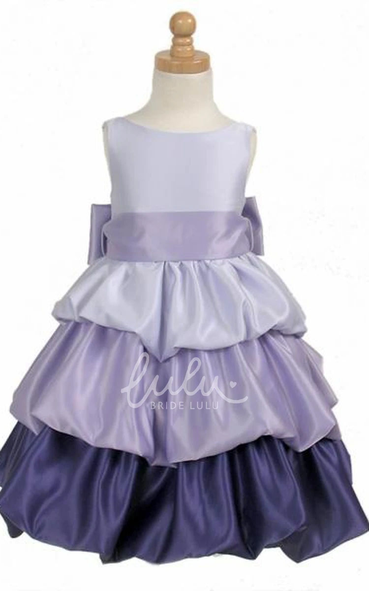 Sleeveless Satin Tiered Tea-Length Dress for Flower Girls Bridesmaid Dress