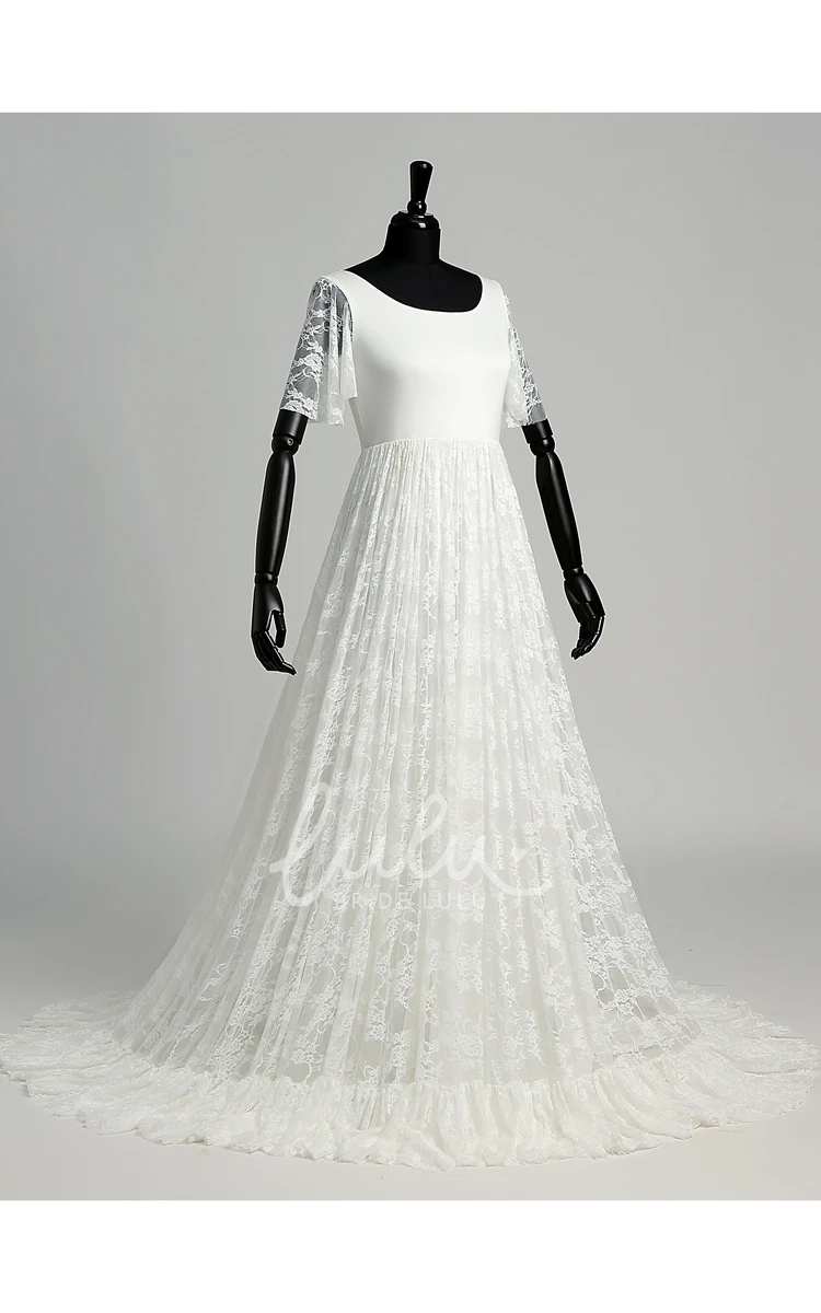 Satin Lace A-line Wedding Dress with Illusion Scoop Neck and Short Sleeves