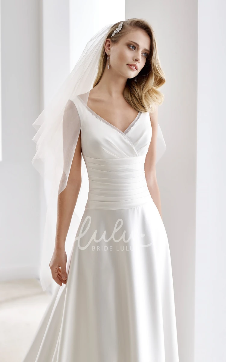 Satin V-Neck Draping Wedding Dress with Pleated Bodice and Brush Train Modern Wedding Dress Women's Unique