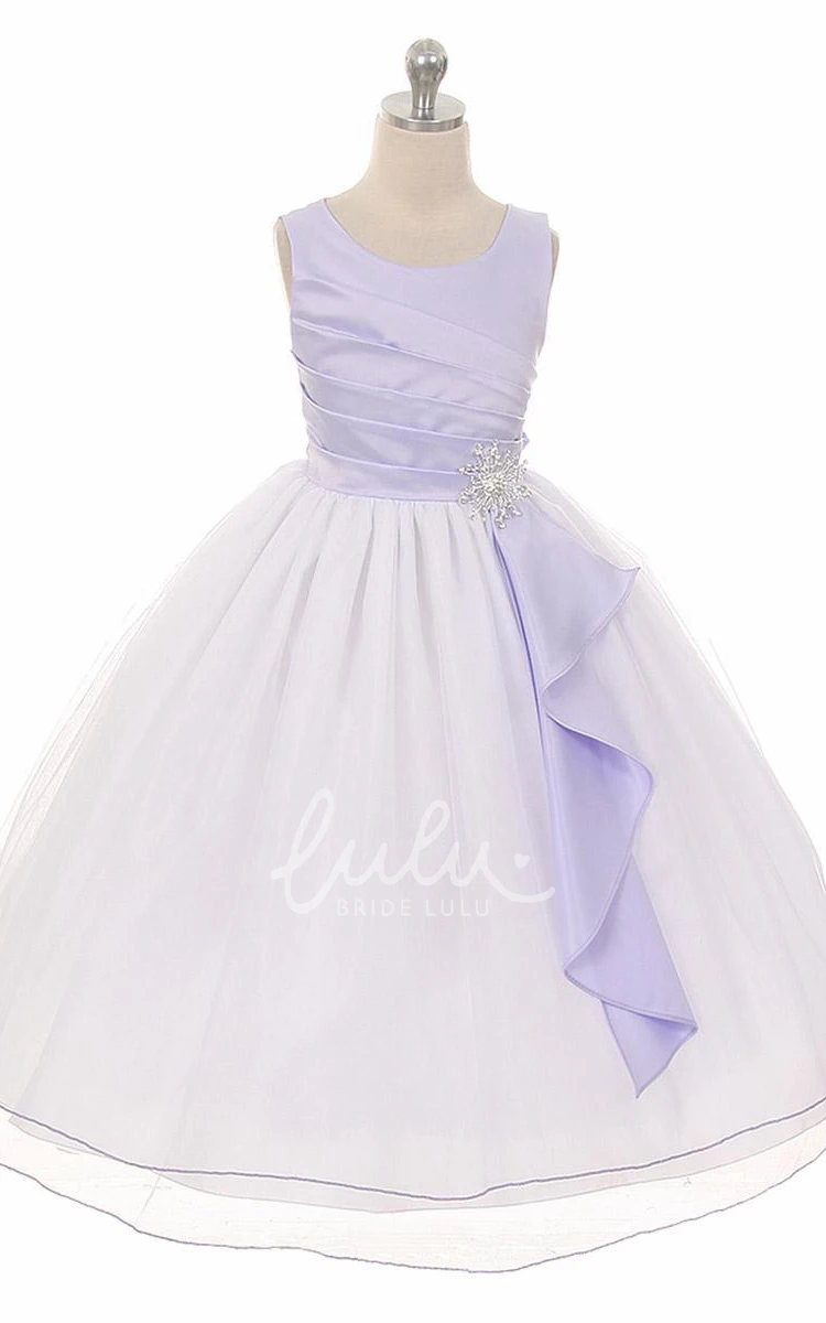Pleated Satin Tea-Length Flower Girl Dress with Brooch and Ruffles Unique Dress for Girls