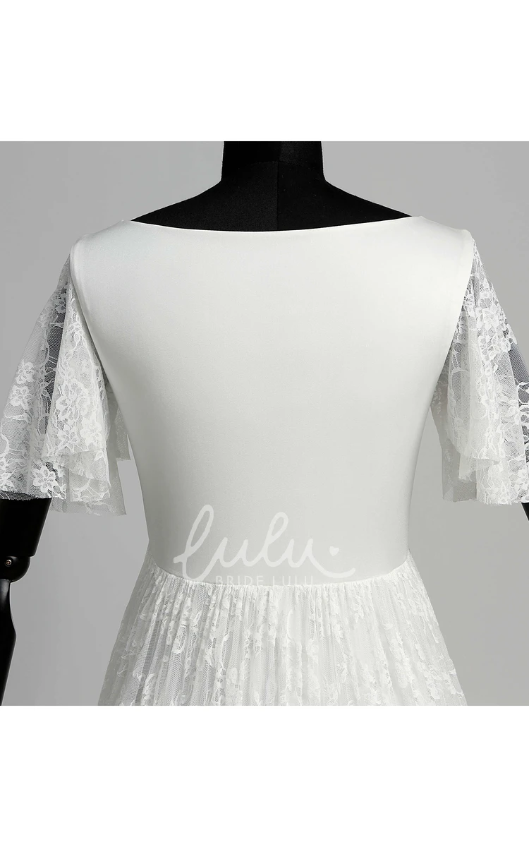 Satin Lace A-line Wedding Dress with Illusion Scoop Neck and Short Sleeves