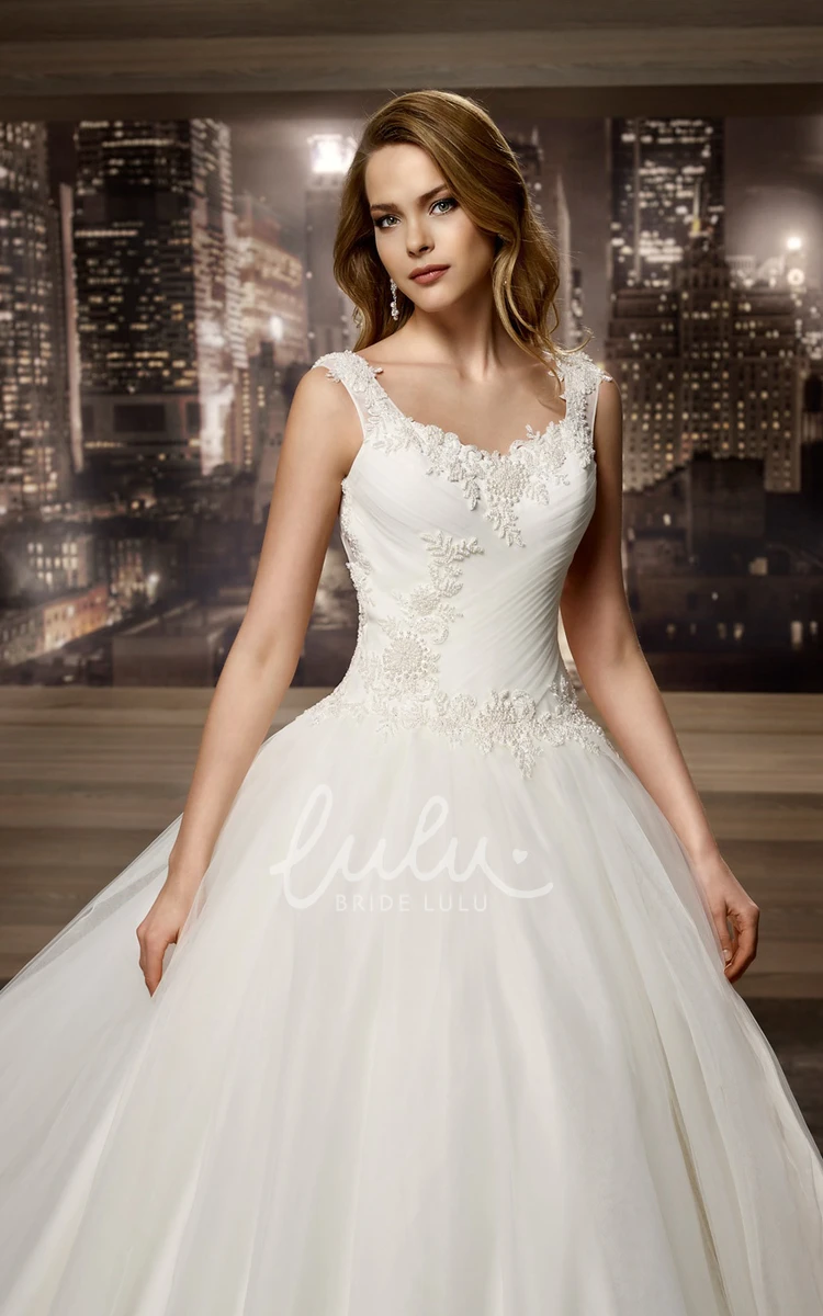 Applique A-Line Wedding Dress with Square Neck and Brush Train