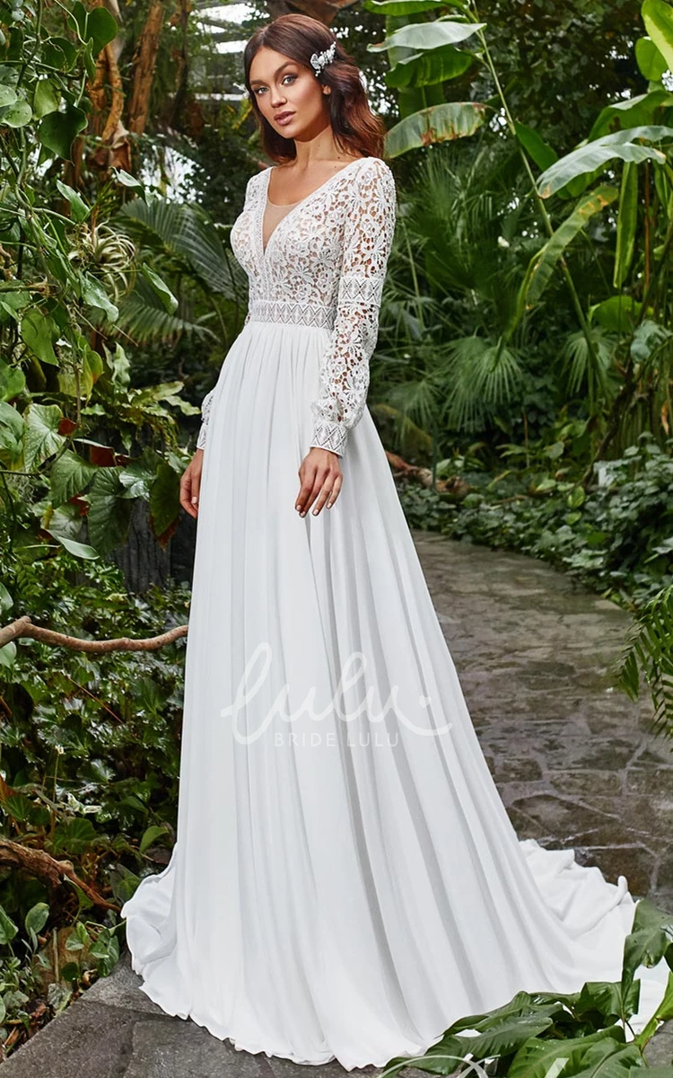 Romantic Lace Chiffon A-Line Wedding Dress with Plunging V-neck and Sweep Train