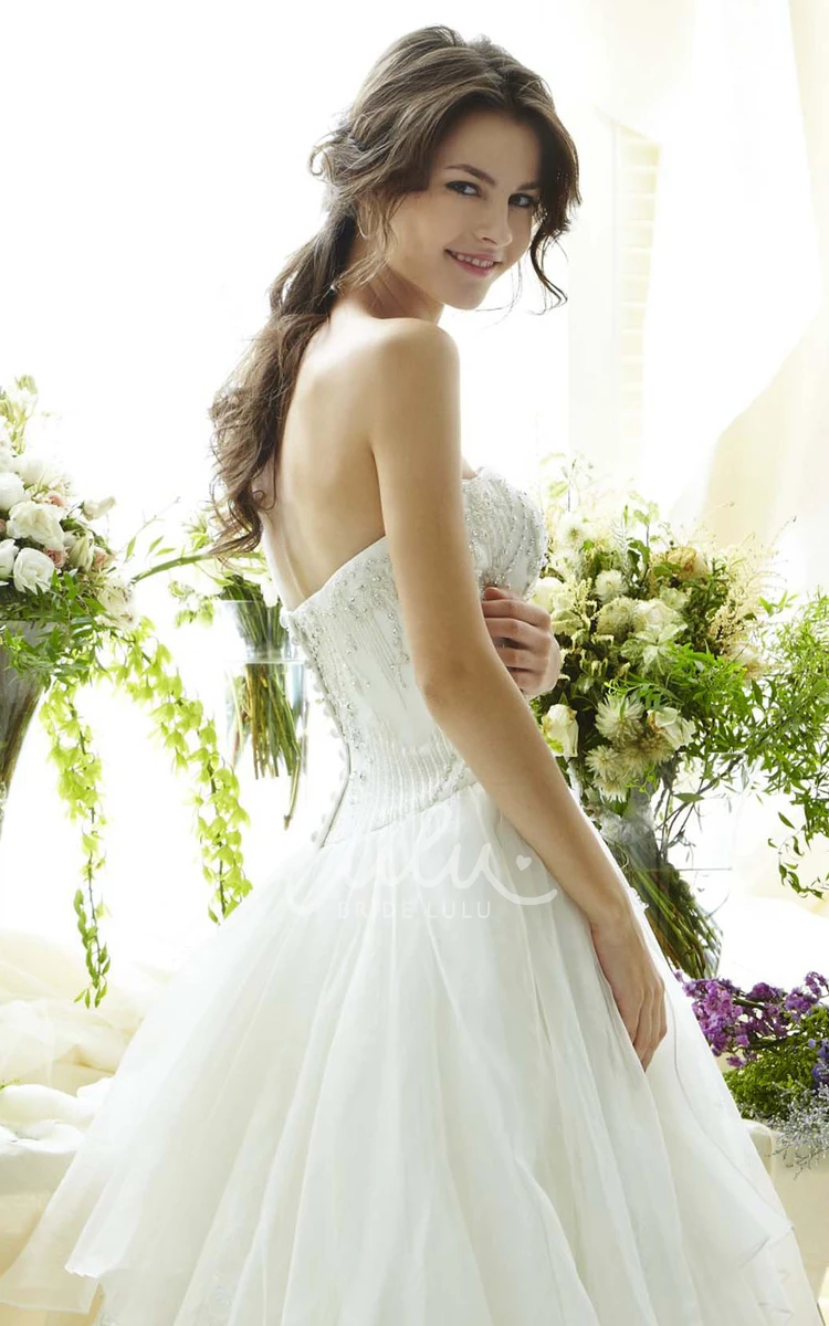 Beaded Appliqued Tulle Wedding Dress with V Back Strapless Style