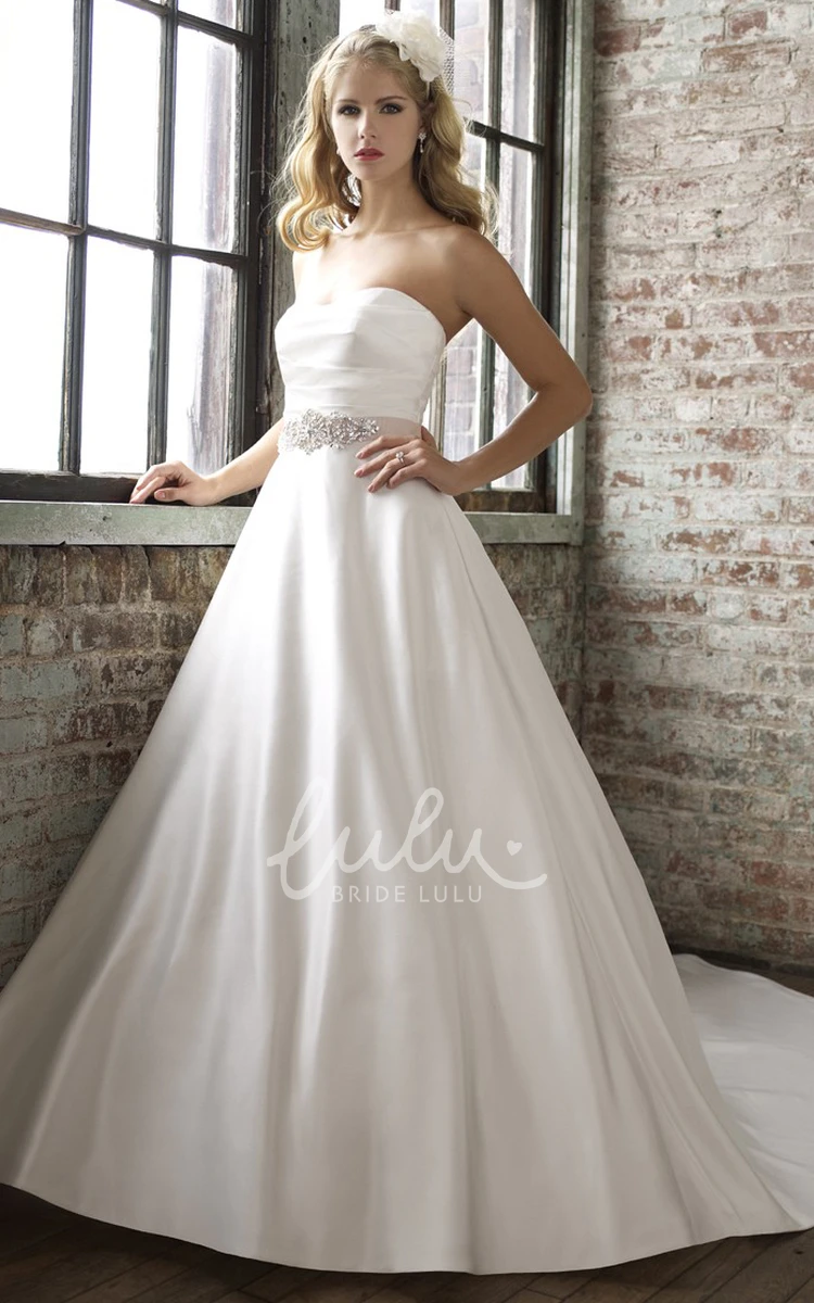 Strapless Satin Wedding Dress with Jeweled Court Train Floor-Length Bridal Gown