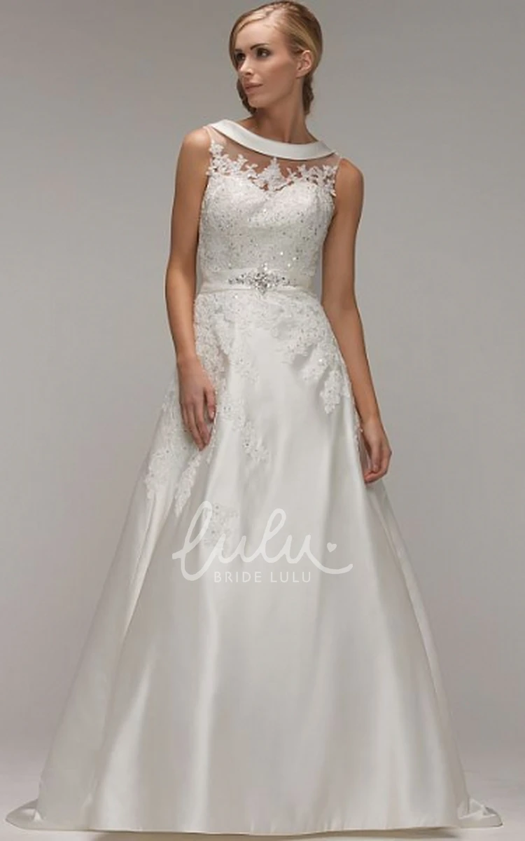 Appliqued A-Line Wedding Dress with Scoop Neck and Waist Jewelry Classic Bridal Gown