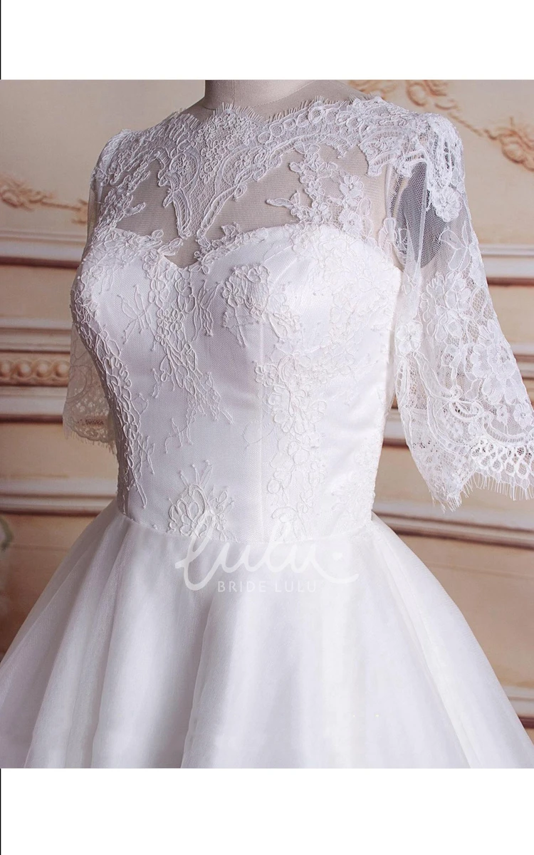 3/4 Sleeve Tea-Length Wedding Dress Tulle Lace Satin