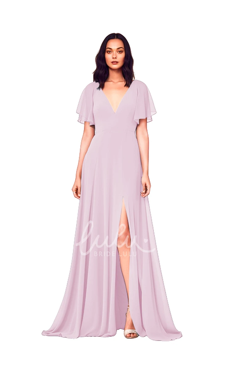 Modest A-Line Chiffon V-neck Bridesmaid Dress with Split Front Simple Wedding Dress