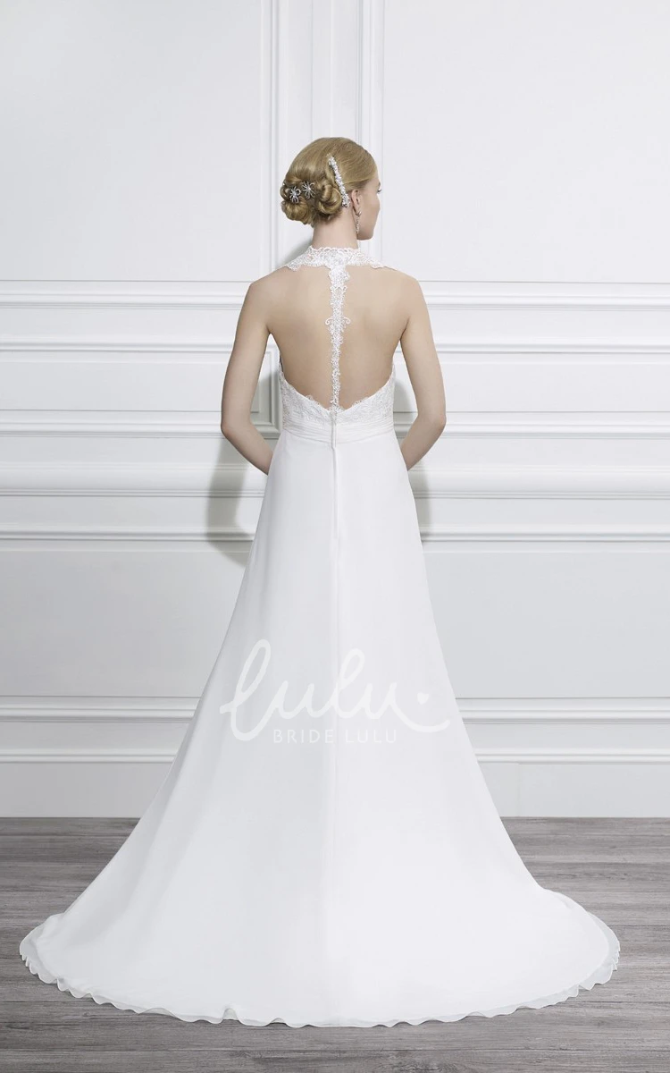 Cap-Sleeve Chiffon V-Neck Wedding Dress with Applique Detail and Court Train