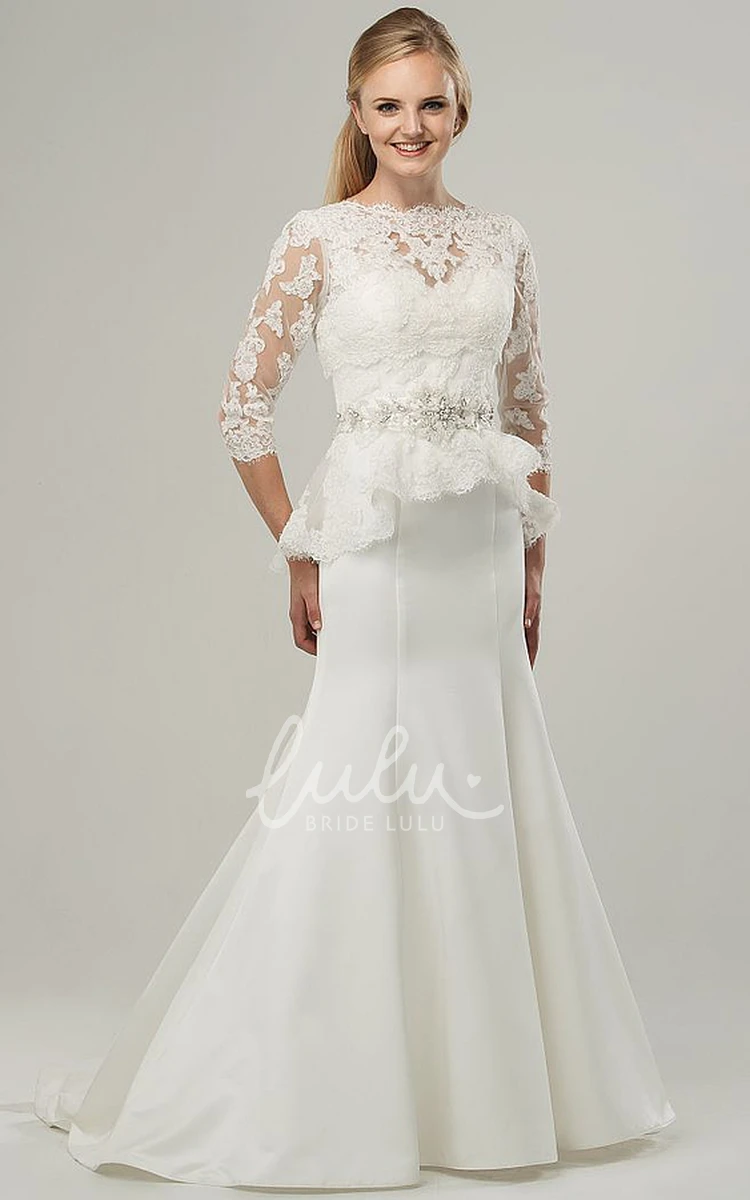 High Neck Satin Wedding Dress with Jeweled Appliques & Peplum Trumpet Style