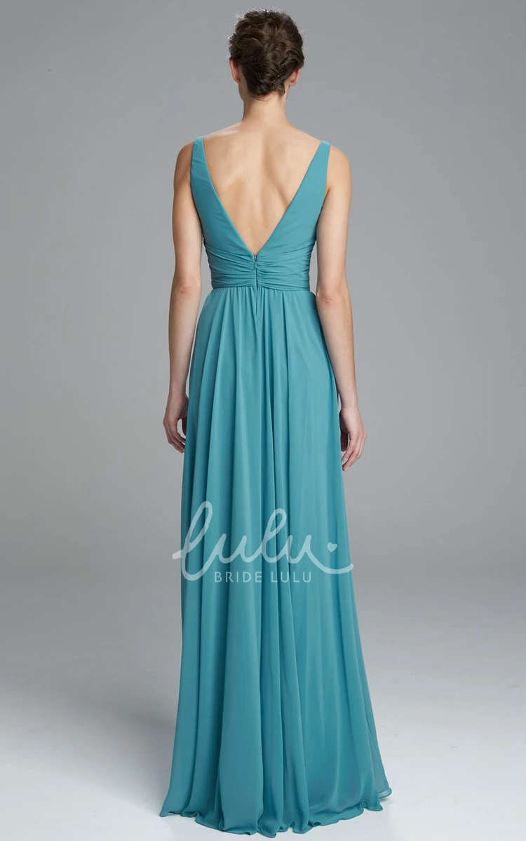 Chiffon Bridesmaid Dress Sleeveless V-Neck with Pleats and Deep-V Back