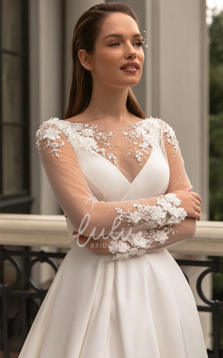 Ethereal A Line Satin Wedding Dress with V-neck and Split Front