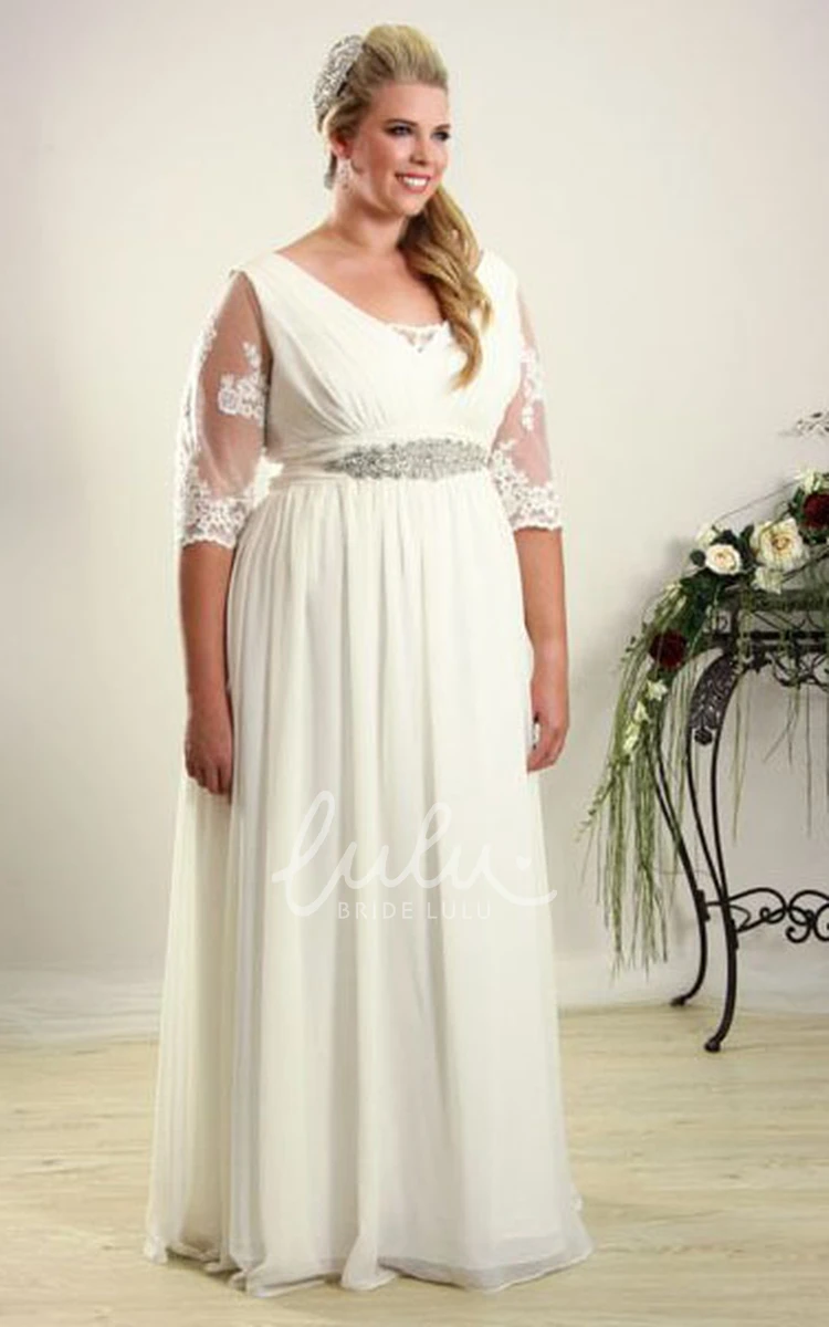 Plus Size Sheath Wedding Dress with Half-Sleeves and Jeweled V-Neckline