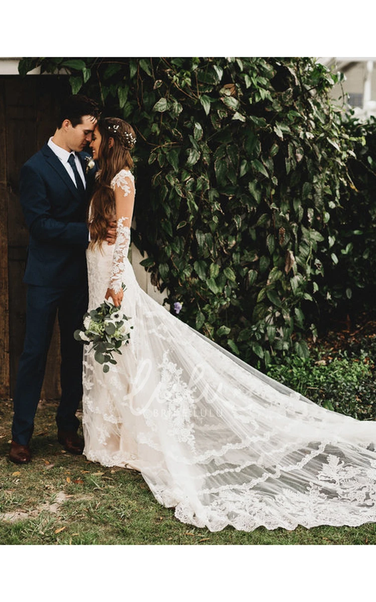 Lace Bohemian Cathedral Train Wedding Dress with Deep-V Back