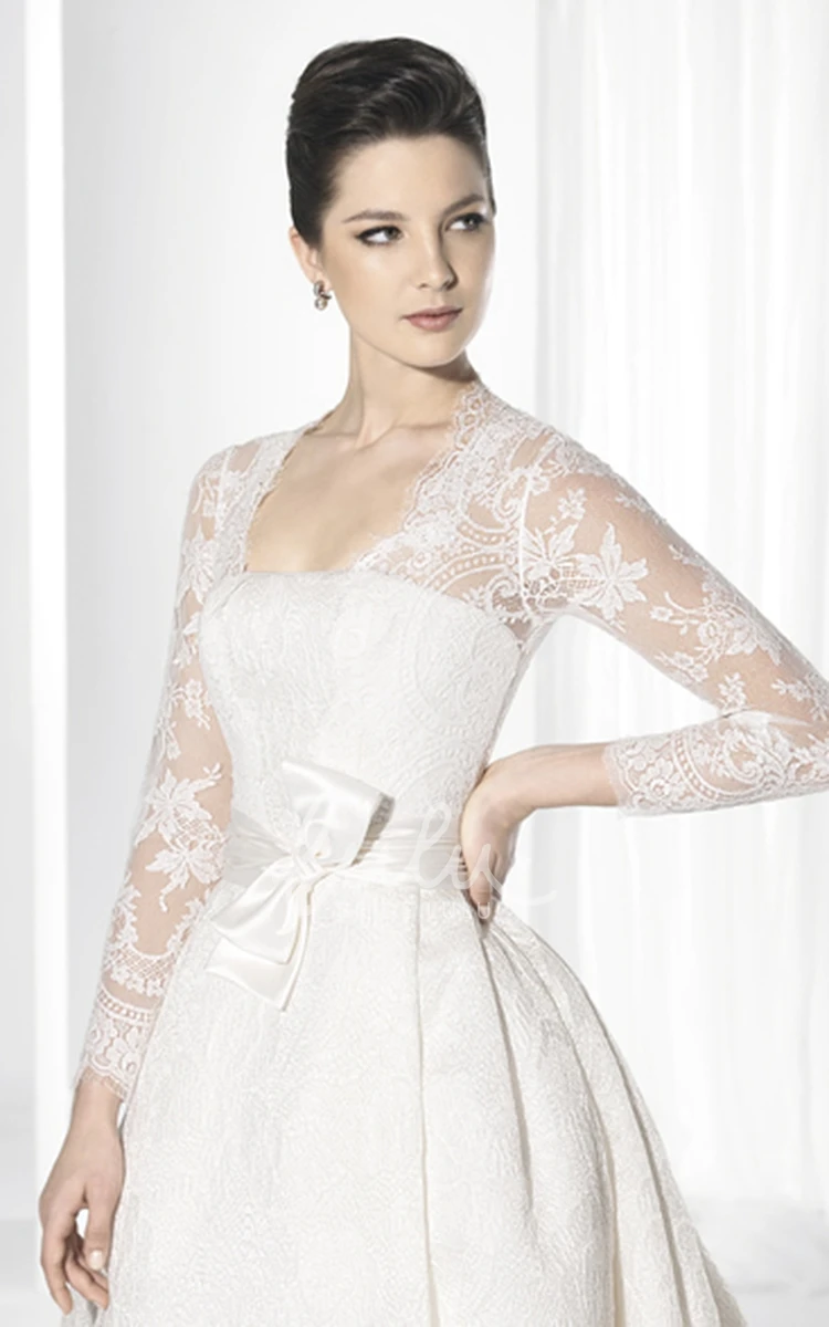 Ball Gown Long-Sleeve Lace Wedding Dress with Square-Neck Bow and Illusion