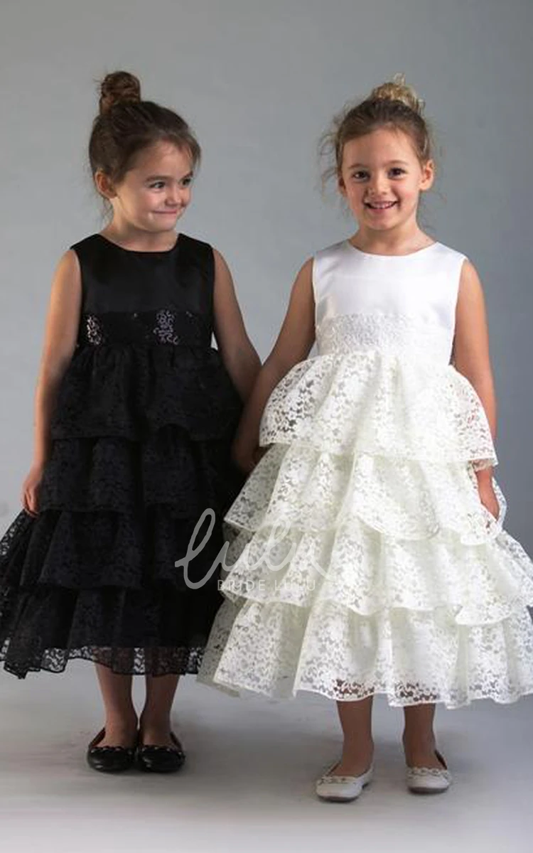 Lace Tea-Length Flower Girl Dress with Sequins Elegant 2024 Wedding Dress