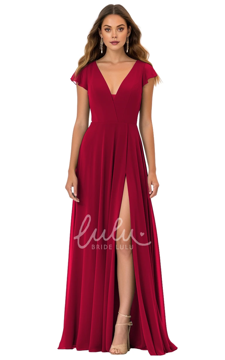 A-Line V-neck Chiffon Bridesmaid Dress with Split Front Modest and Classy