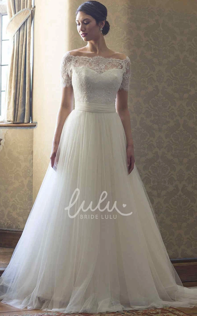 Illusion Beaded A-Line Wedding Dress Short-Sleeve Bateau-Neck Lace&Tulle