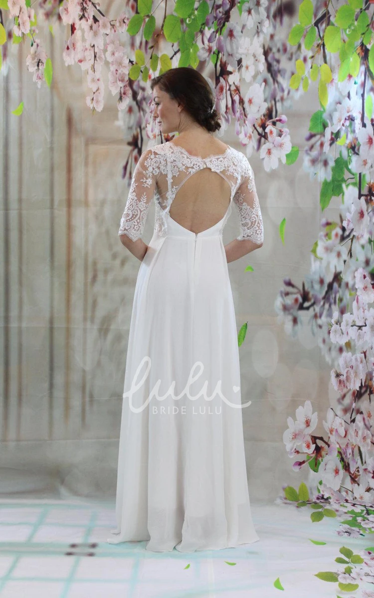 Pleated Lace and Chiffon Wedding Dress with Half Sleeves and V-Neck