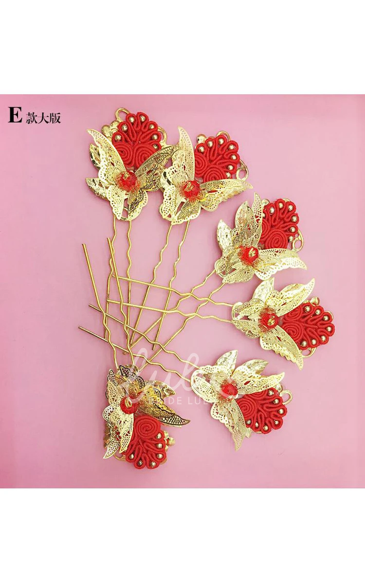 Chinese Cheongsam Wedding Hair Accessories Set with Red Hairpin U-Shaped Clip and Plate