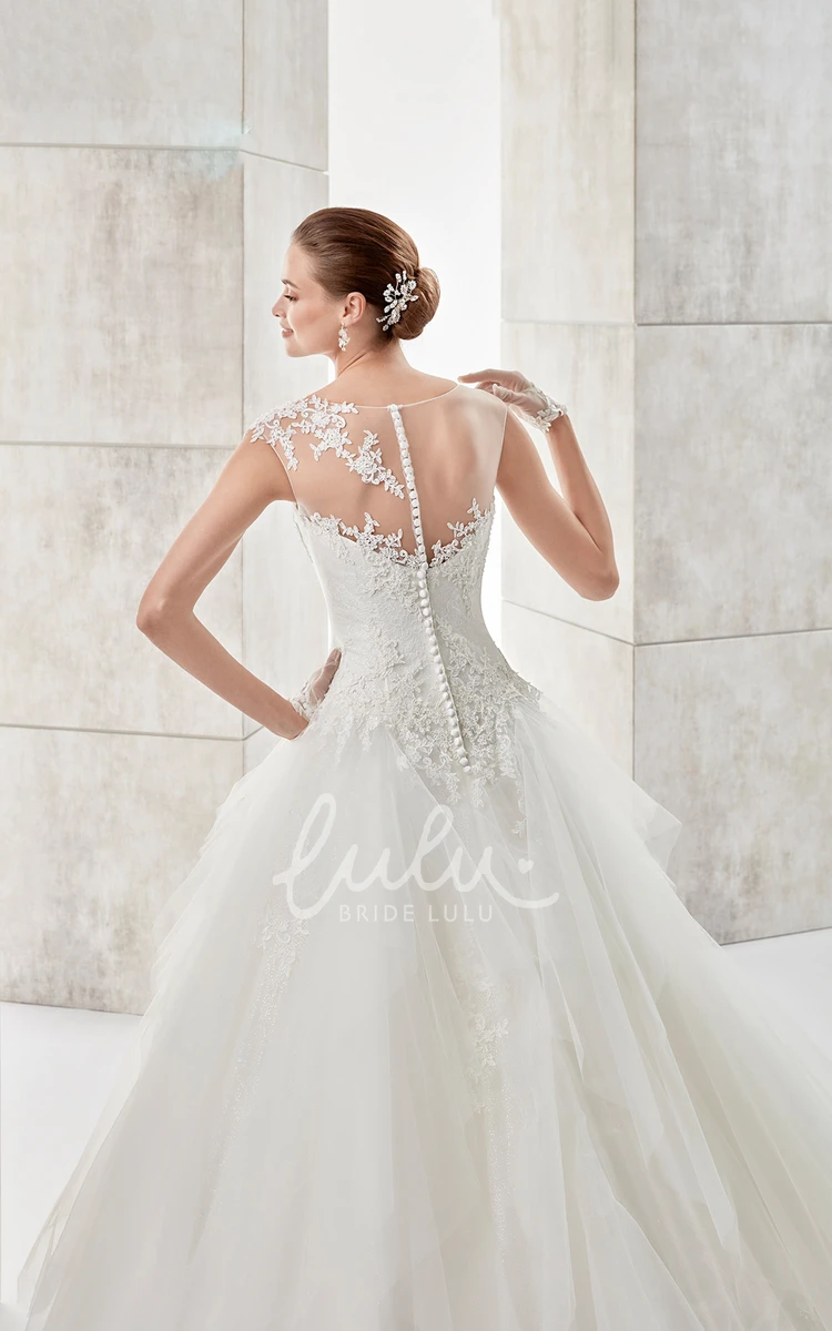 Ruffled A-line Wedding Dress with Jewel-Neck and Illusive Design