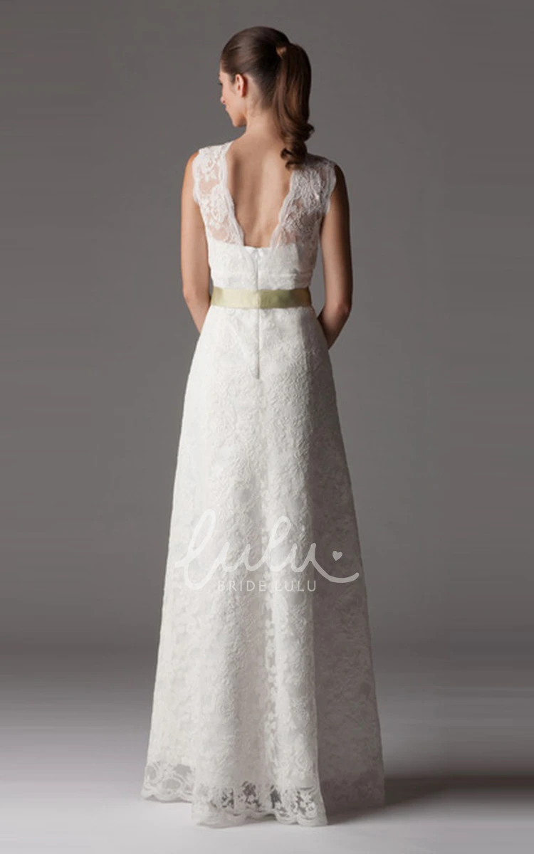 Lace Wedding Dress With Bow And V Back Sleeveless Sheath V-Neck Long