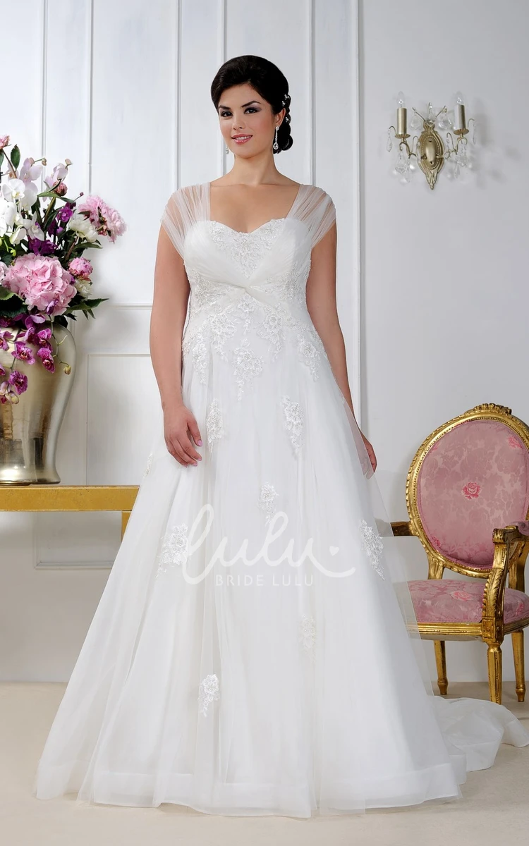 A-Line Tulle Dress with Caped Sleeves Flower Appliques and Corset Back for Wedding