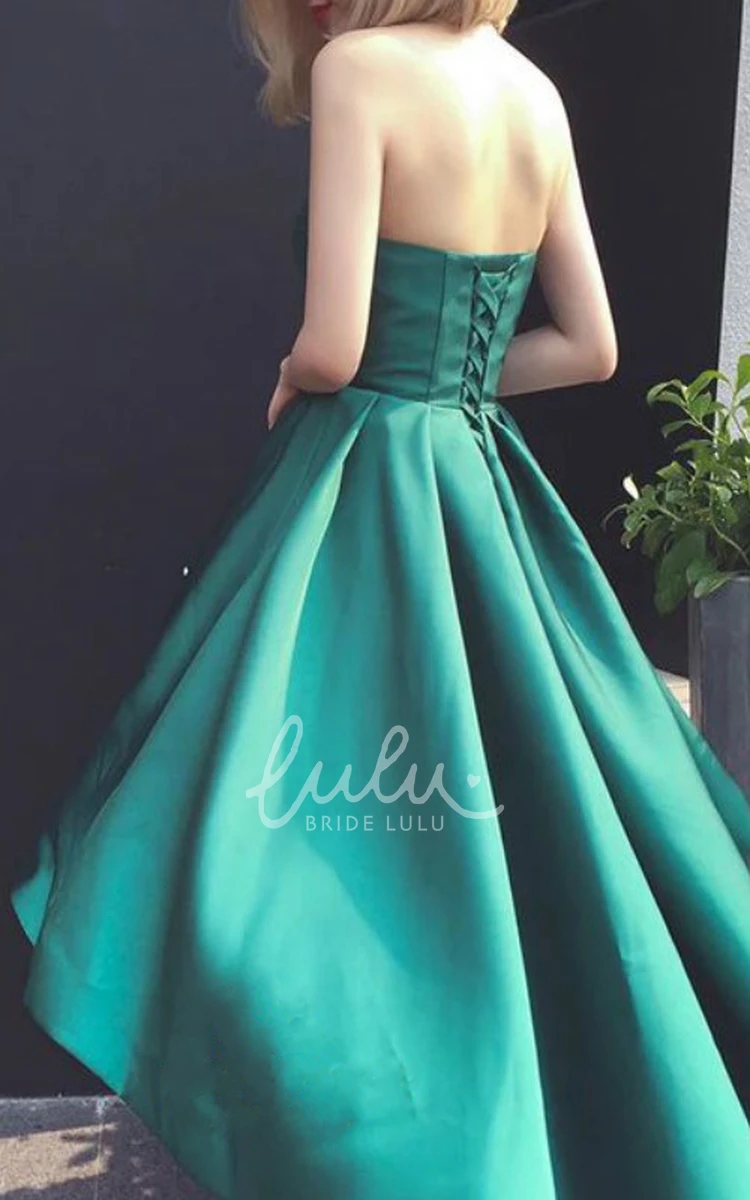 High-Low A Line Evening Dress with Pleats Strapless Sweetheart Satin Sleeveless