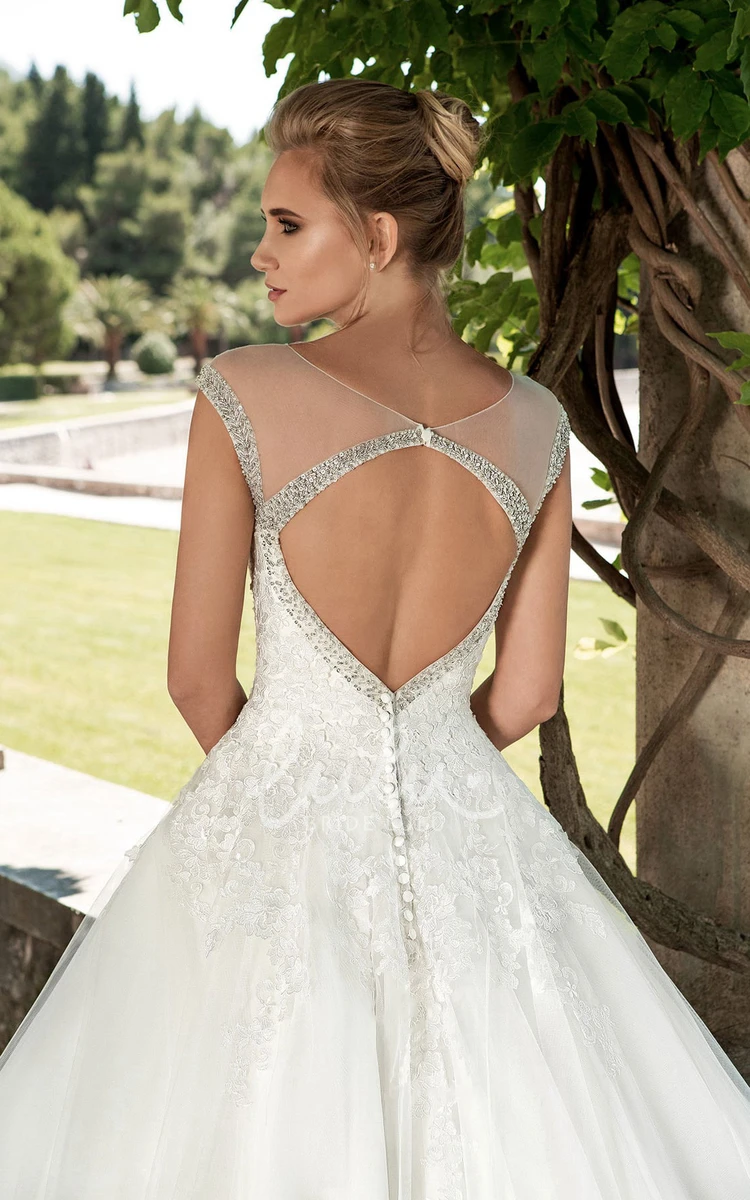 Cap-Sleeve Tulle A-Line Wedding Dress with Beading and Appliques