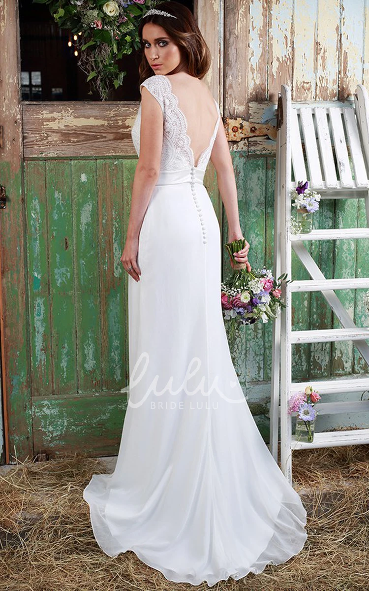 V-Neck Jeweled Satin&Chiffon Wedding Dress with Cap-Sleeves and Lace Sheath