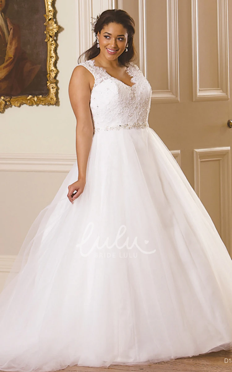 Plus Size Ball Gown Tulle Wedding Dress with Jeweled V-Neck and Appliques