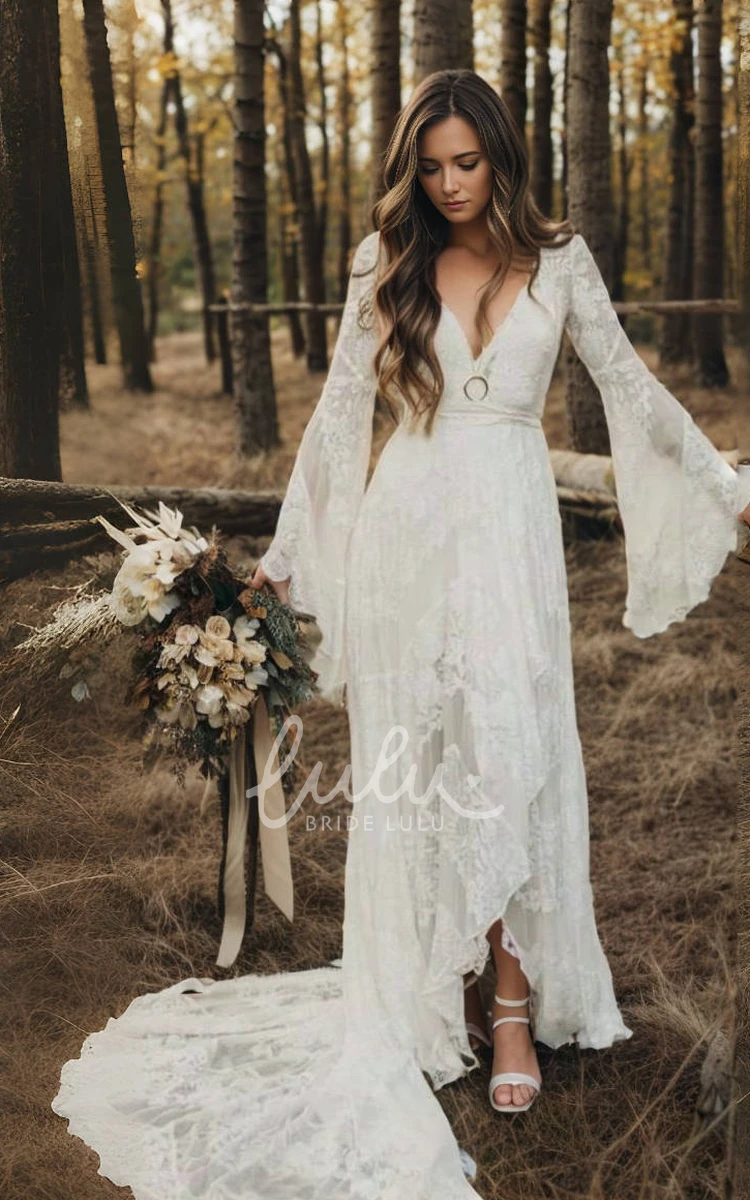 Simple Country Sexy Illusion Casual A-Line Lace Bohemian V-neck Wedding Dress With Bell Long Sleeves