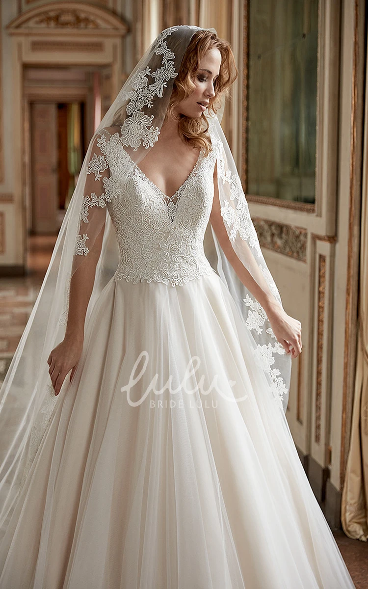 A-Line Tulle Wedding Dress with V-Neck and Appliques