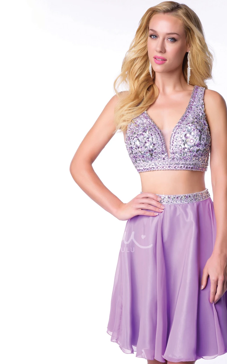 Sleeveless Chiffon Short Homecoming Dress with Bling Bust Two-Piece Classy Women