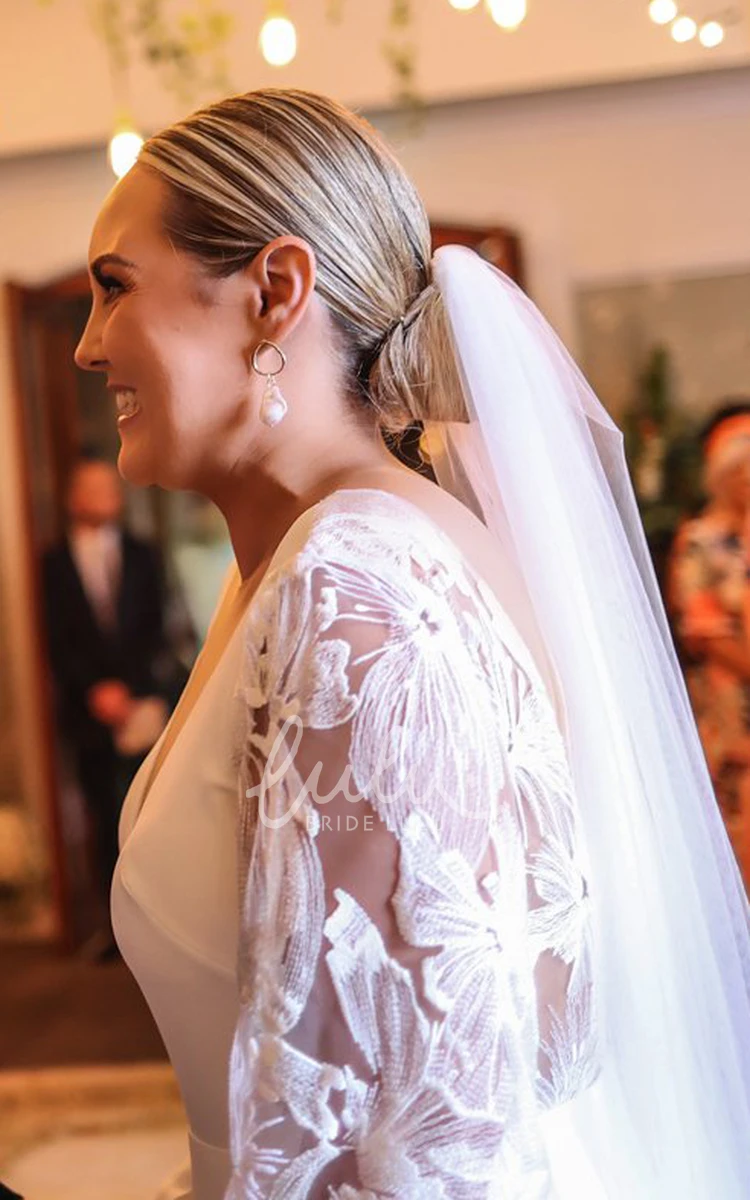Lace Long Sleeve Plunging Neckline Fall Sheath Elegant Wedding Dress Floor-length