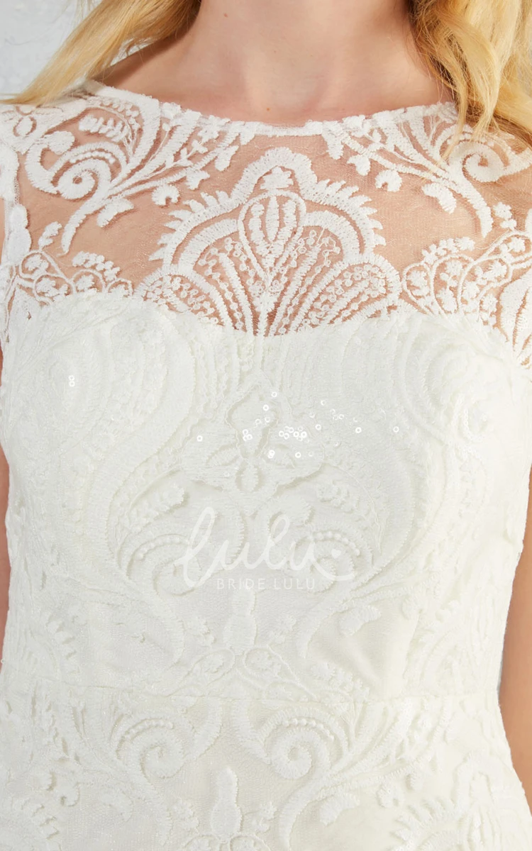 Lace Scoop Wedding Dress with V Back Short Cap Sleeve