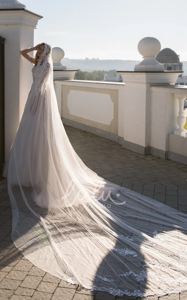 Tulle Long Sleeve A-Line Wedding Dress with Appliques Ethereal and Classy