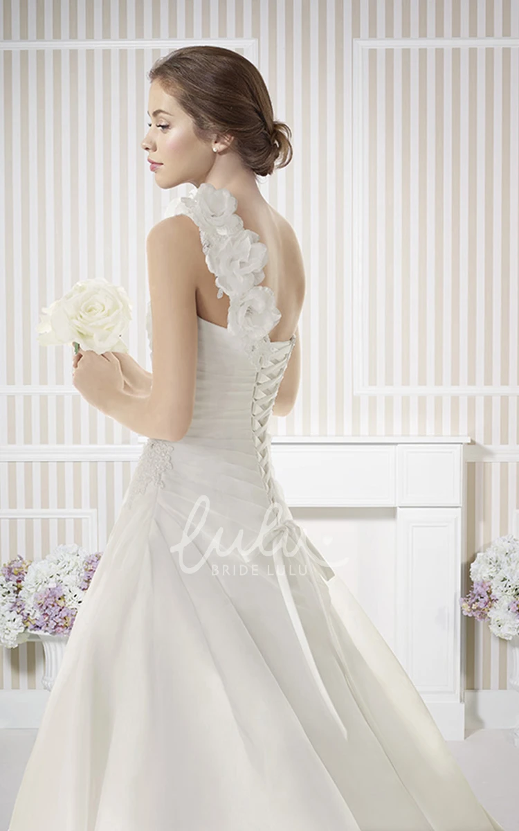 Floral Chiffon One-Shoulder Wedding Dress with Corset Back and Sweep Train