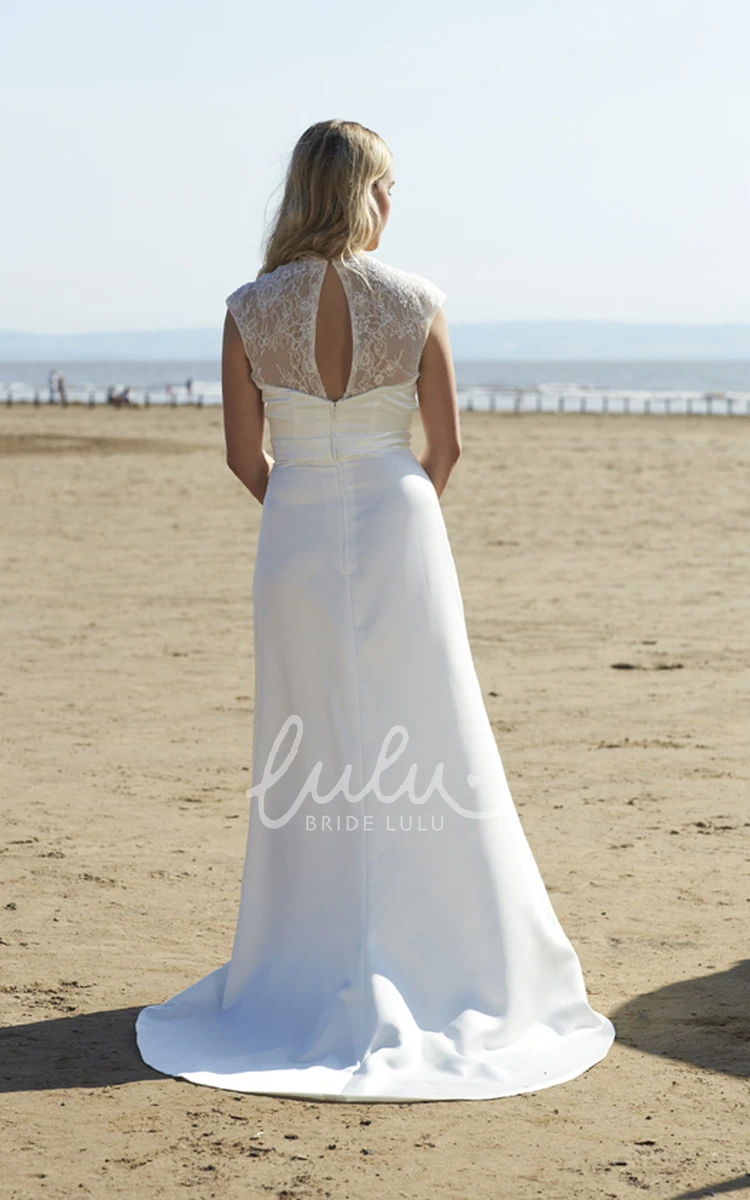 Satin Chiffon Wedding Dress with Cap-Sleeves and Sweep Train V-Neck Ruching