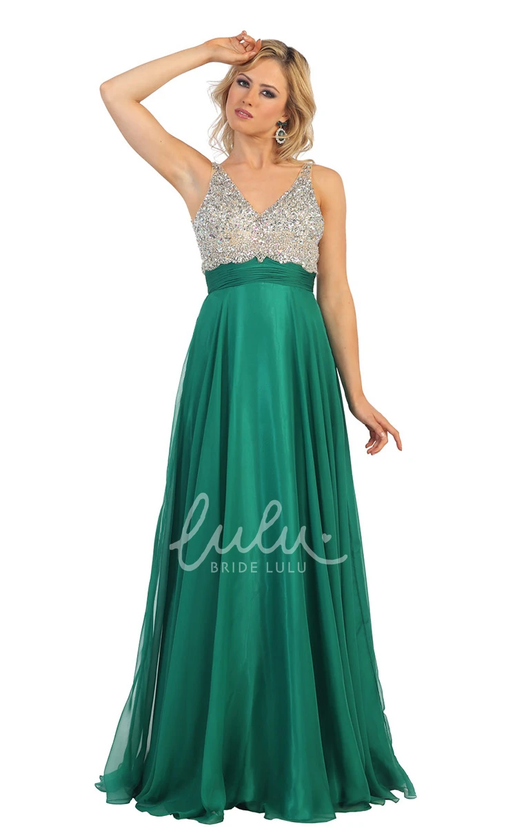 Maxi Deep-V Back A-Line Formal Dress with Beading and Pleats