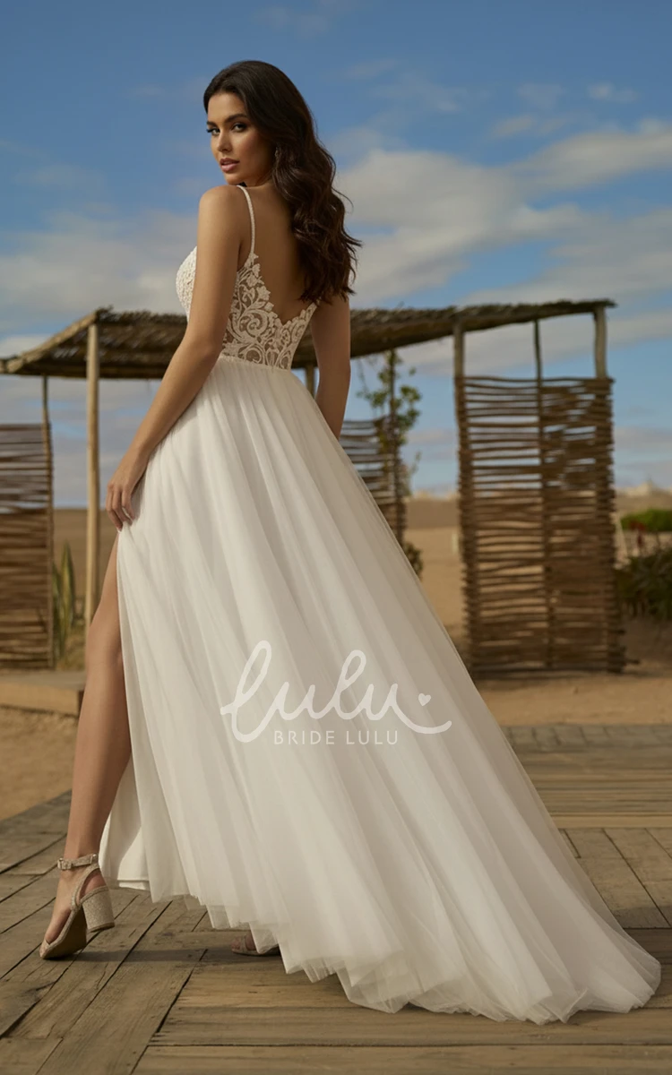 A-Line Spaghetti Beach Lace Wedding Dress V-Neck Sexy Slit Tulle Bridal Gown