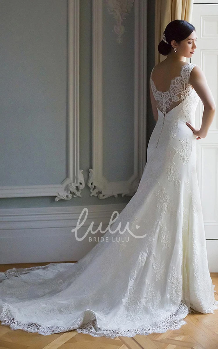 Long Lace Scoop-Neck Wedding Dress with Appliques Vintage Bridal Gown