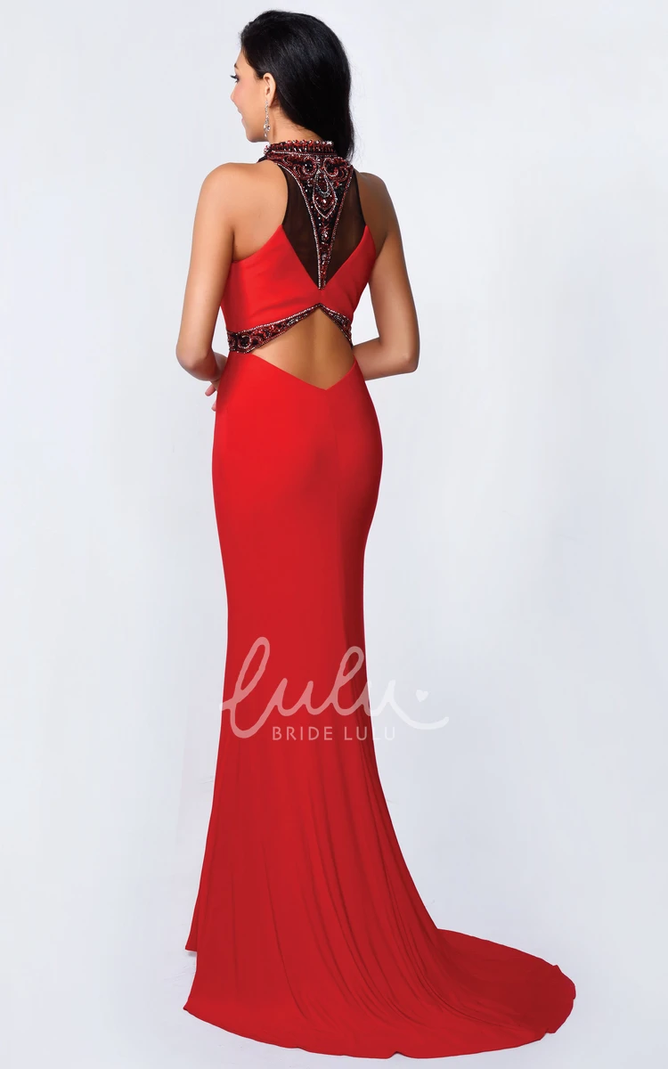 Illusion Beaded High Neck Sheath Jersey Dress