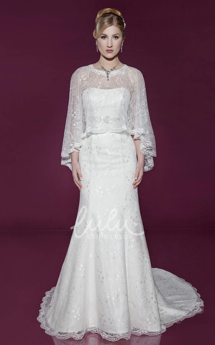 Satin Wedding Dress with Cape Poet-Sleeve and Scoop Neck Design