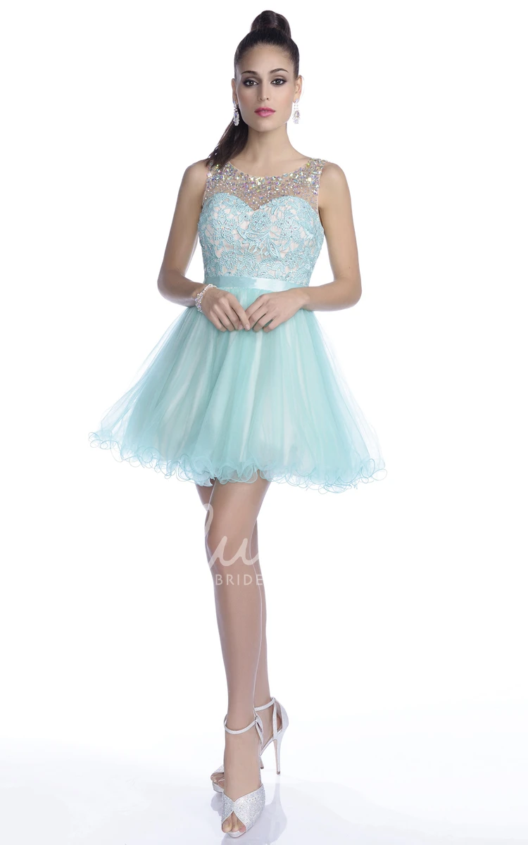 A-Line Lace and Tulle Mini Prom Dress with Rhinestone Top Unique Prom Dress Women