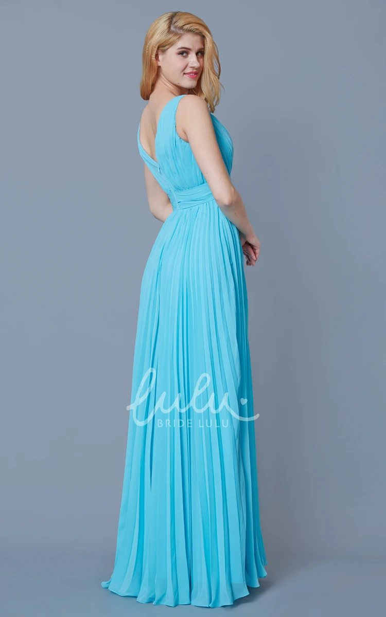 Long Chiffon Bridesmaid Dress with Empire Waist and Pleats