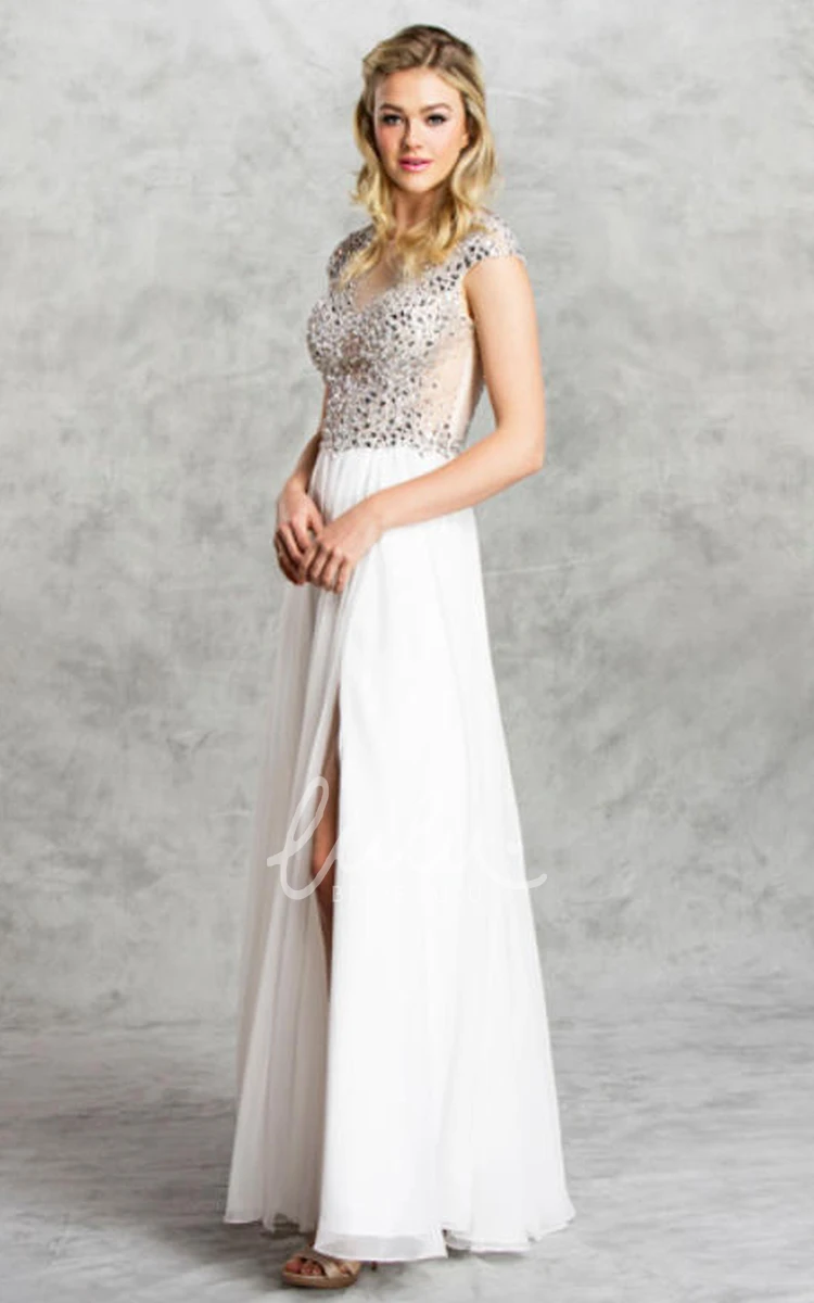 Chiffon Cap-Sleeve Formal Dress with Beading and Split Front